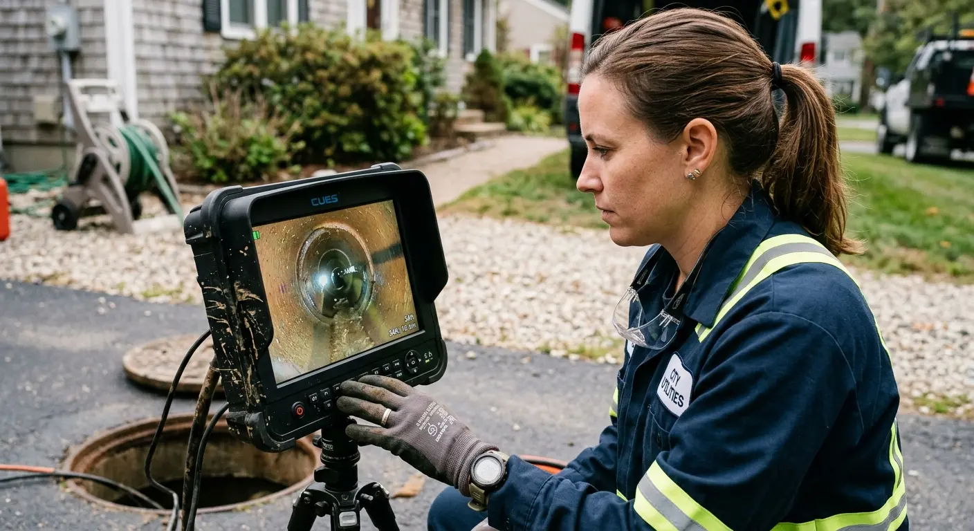 Technician reviewing sewer camera inspection footage in Hadley