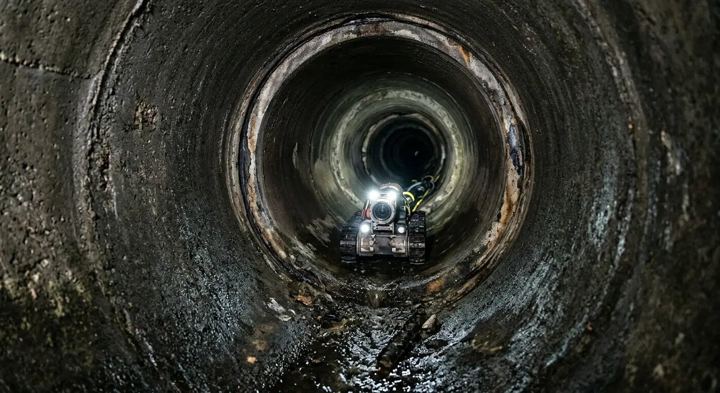 Robotic sewer camera inspecting pipe interior for Sewer Line Cleaning in Hadley
