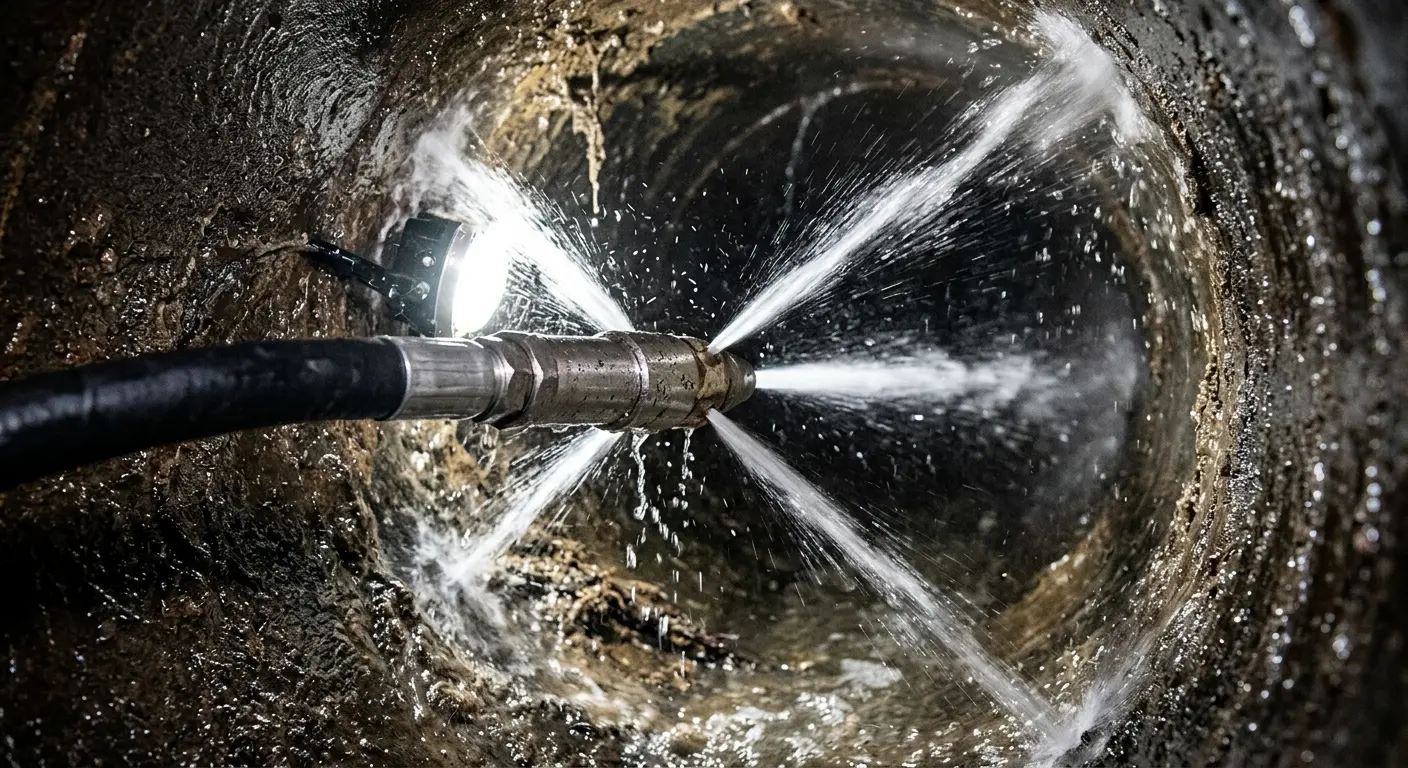High-pressure hydro jetting nozzle cleaning sewer pipe for Emergency Drain Service in Hadley
