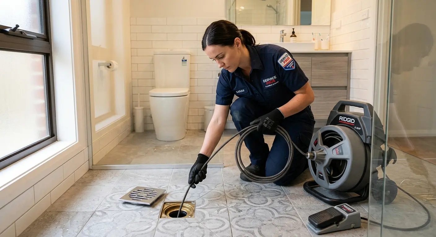 Technician clearing a bathroom floor drain for Sewer Line Replacement in Hadley